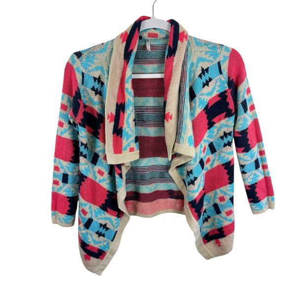 Kate Collection Colorful Aztec Print Open Asymmetrical Cardigan Sweater Size M - Picture 2 of 6